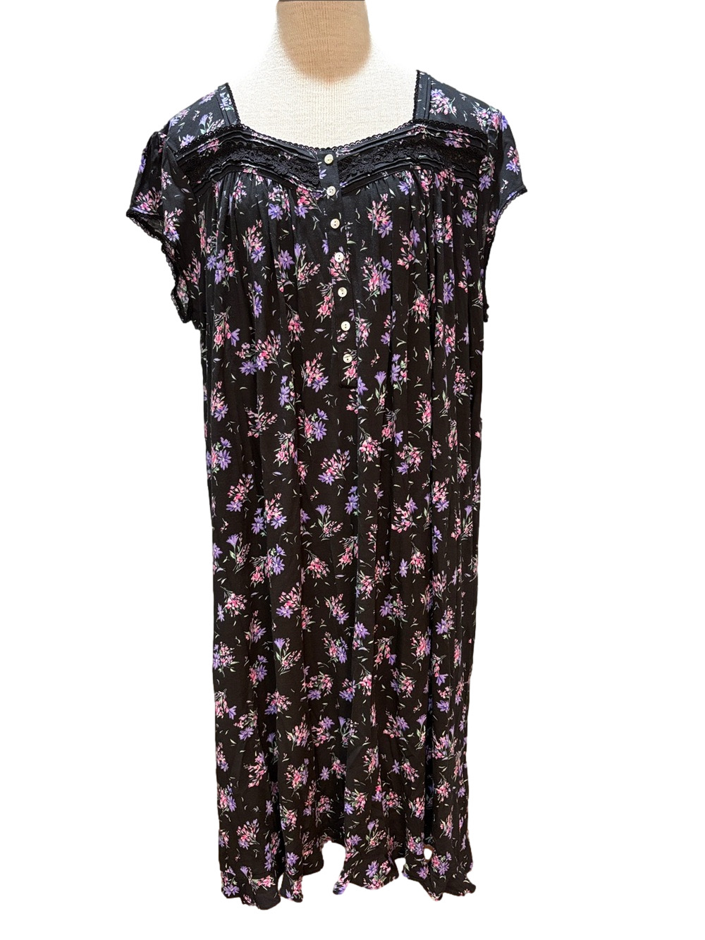 Eileen West sz 2X black floral soft modal summer nightgown NWT
